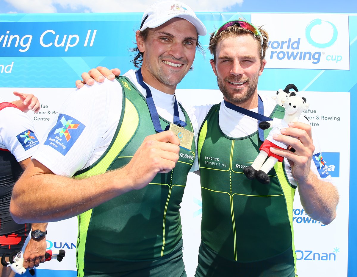Alex Hill and Josh Booth celebrate gold in the Mens Pair at the 2019 World Rowing Cup