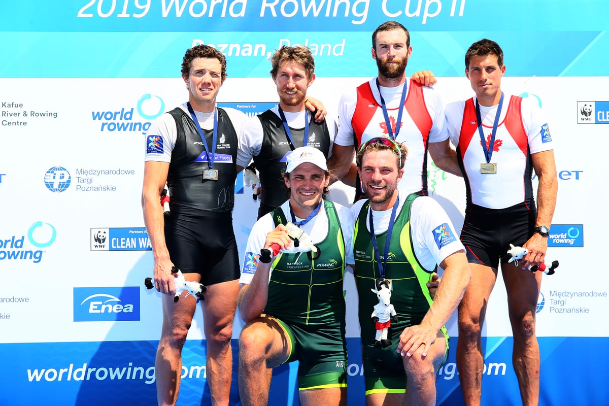 Alex Hill and Josh Booth celebrate winning gold at World Rowing Cup 2