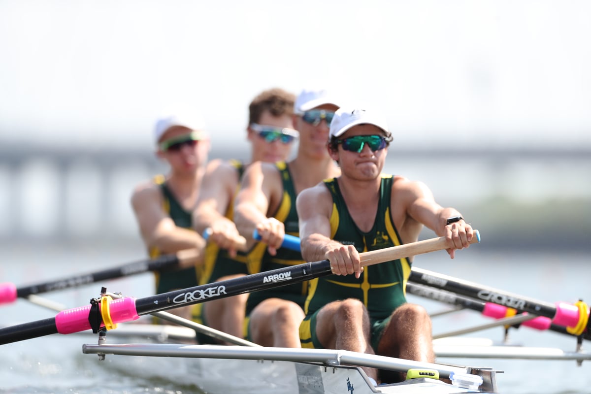 Alex Rossi in the stroke seat of the Junior Mens Coxed Four - Copyright Rowing Australia